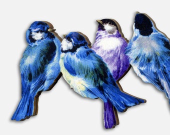 Whimsical wooden brooch pin &quot;BIRDS on NO WIRE&quot; punk vintage gift blue tomtits lover small gift lasercut woodland