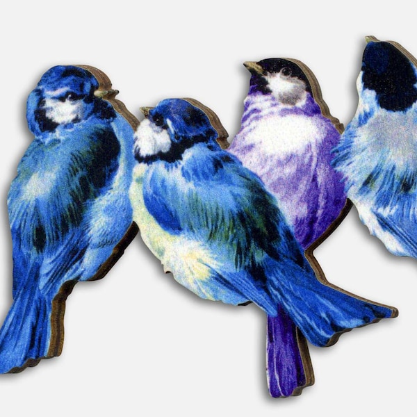 Whimsical wooden brooch pin "BIRDS on NO WIRE" punk vintage gift blue tomtits lover small gift lasercut woodland