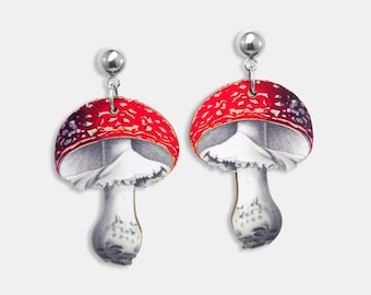 Whimsical wooden earrings studs "WITCHES DEAREST" Toadstools vintage enchanted forest woodland jewellery red mushroom gift lasercut