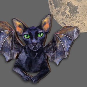 BATCAT ++ Houten broche speld Vleermuis Zwarte Siamese Sphynx kat Siamese vleugel sieraden Halloween Horror Gothic Dracula Vampier