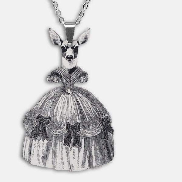 Whimsical wooden necklace "DEER BALL" antropomorphic hipster animal victorian dress rockabilly