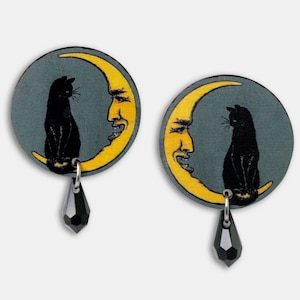 Whimsical wooden earrings "CAT IN the MOON" studs clip ons woman black cat gift crazy cat lady half full art déco nouveau 20s 30s jewelry