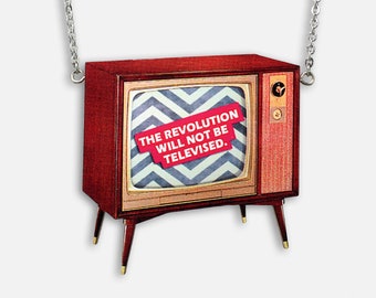 Statement whimsical wooden necklace "THE REVOLUTION" vintage political awareness critical social rights media old television