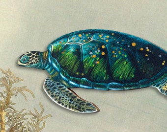 Wooden brooch pin vintage "BREATHE UNDERWATER" water turtle waterturtle holiday jewelry lasercut wood maritime handpainted unique