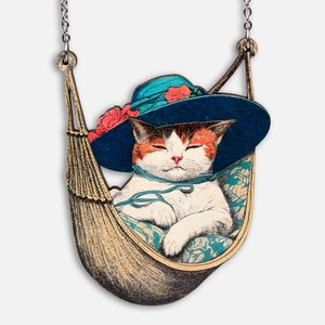 IDLENESS ++ large statement whimsical wooden cat on swing hammock necklace lasercut vintage style jewelry wood art gift