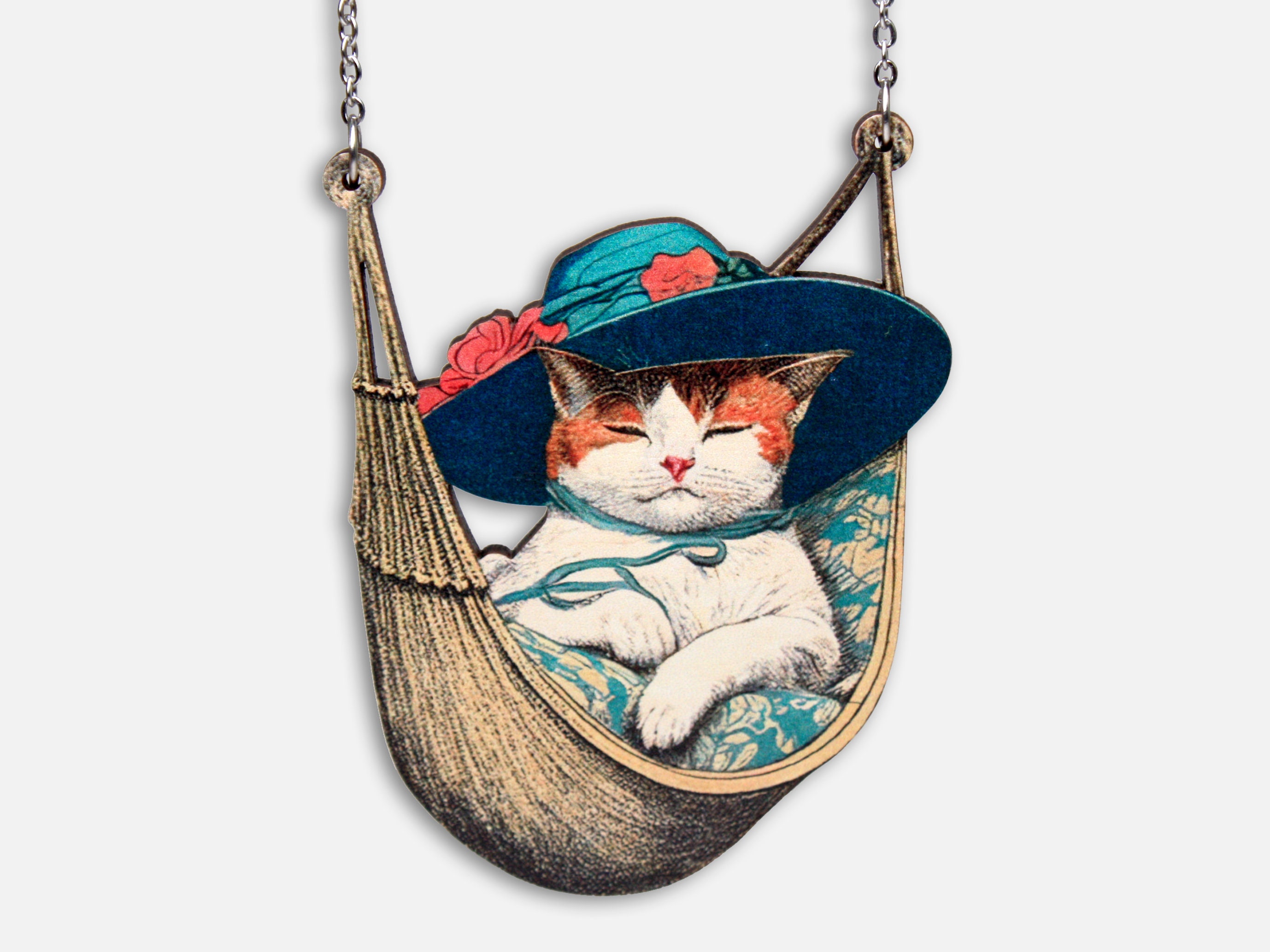 IDLENESS ++ large statement whimsical wooden cat on swing hammock necklace lasercut vintage style jewelry wood art gift