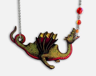 Statement whimsical wooden necklace "FIRE BREATHER" jewelry flying dragon mythical creature fire gift fantasy magic skin goa