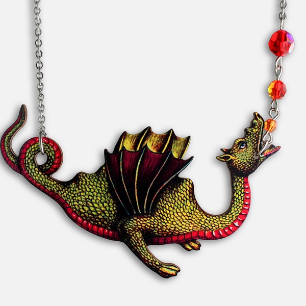 Statement whimsical wooden necklace "FIRE BREATHER" jewelry flying dragon mythical creature fire gift fantasy magic skin goa