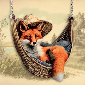 HUNT-LIFE-BALANCE ++ large statement whimsical wooden fox red on swing hammock necklace lasercut vintage style jewelry wood art gift
