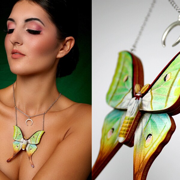 Statement whimsical wooden XL necklace "LUNA MOTH" lasercut vintage gift moth butterfly wings animal jewelry punk goth