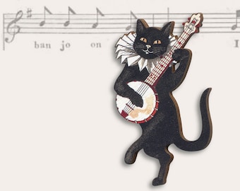 OH SUSANNA ++ spilla pin gatto nero banjo chitarra falò regalo collage gioielli legno vintage taglio laser