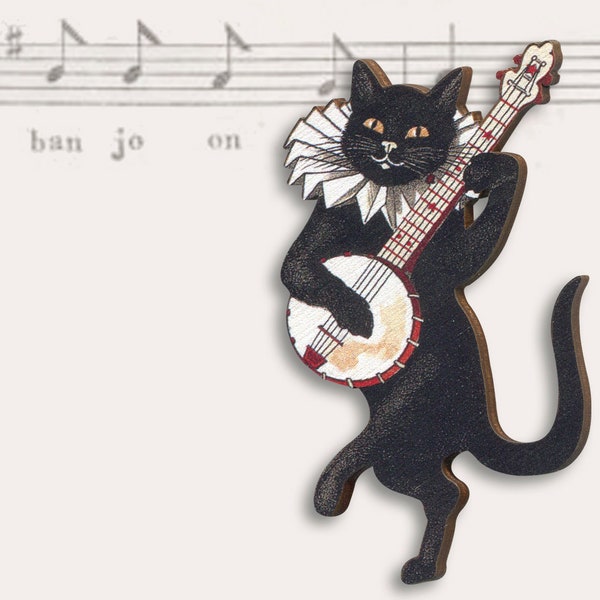 Whimsical wooden brooch pin "OH SUSANNA" vintage gift birthday jewelry black cat banjo guitar collage woodland animals musician gift