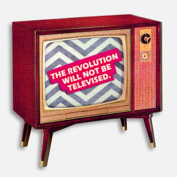 Whimsical wooden brooch badge pin "THE REVOLUTION" political awareness critical social rights old television