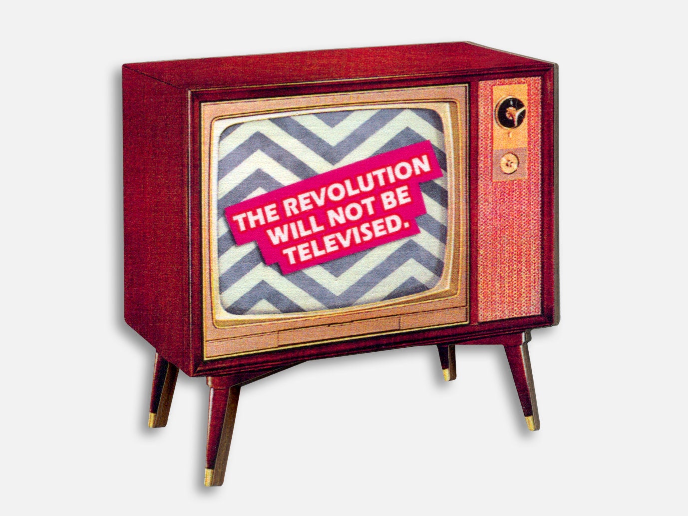 Whimsical wooden brooch badge pin "THE REVOLUTION" political awareness critical social rights old television