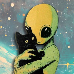 May include: A green alien with large eyes and a black cat in its arms. The alien is smiling and the cat is looking at the viewer. The background is a blue and white starry sky.