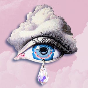 May include: A vintage-style illustration of a blue eye with a crystal teardrop hanging from the lower lash line. The eye is surrounded by a white cloud.