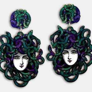 Whimsical wooden earrings studs "SNAKE SIS"  large lasercut vintage medusa snake hair woman goddess greek mythology gift lasercut wood