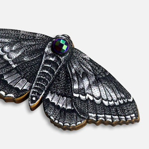 Whimsical wooden brooch pin "INTO THE LIGHT" moth butterfly gothic rhinestone gift