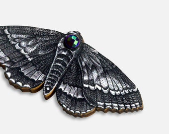 Whimsical wooden brooch pin "INTO THE LIGHT" moth butterfly gothic rhinestone gift