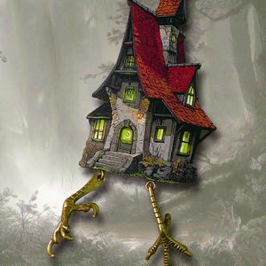 May include: A detailed miniature house with a red roof and glowing green windows. The house is suspended by two golden bird feet. The design has a spooky, Halloween theme.