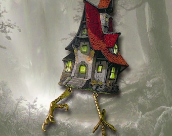 RUN GIRL, RUN ++ large baba yaga whimsical statement brooch pin wood witch house vintage style with metal chicken feet clubhouse fairy tale