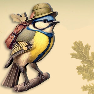 BLUETIT TRIP ++ Whimsical wooden brooch pin vintage style gift birthday jewelry tomtit woodland bird pathfinder collage wood