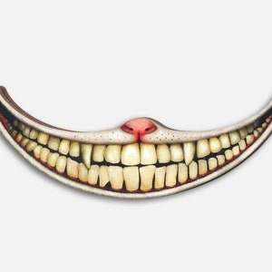 Whimsical wooden brooch pin "THAT SMILE"  cheshire cat mouth teeth vintage jewelry teeth alice wonderland we're all mad here