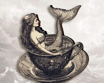 1 CUP MERMAID ++ whimsical wooden brooch pin gift lasercut jewelry tea cup surreal collage mythical creature