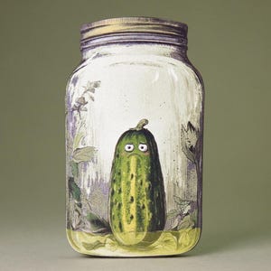 Puede incluir: Ilustración caprichosa de un pepinillo dentro de un tarro de cristal. El pepinillo tiene una expresión triste y es verde con reflejos amarillos. El tarro tiene una tapa metálica y está rodeado de hojas.