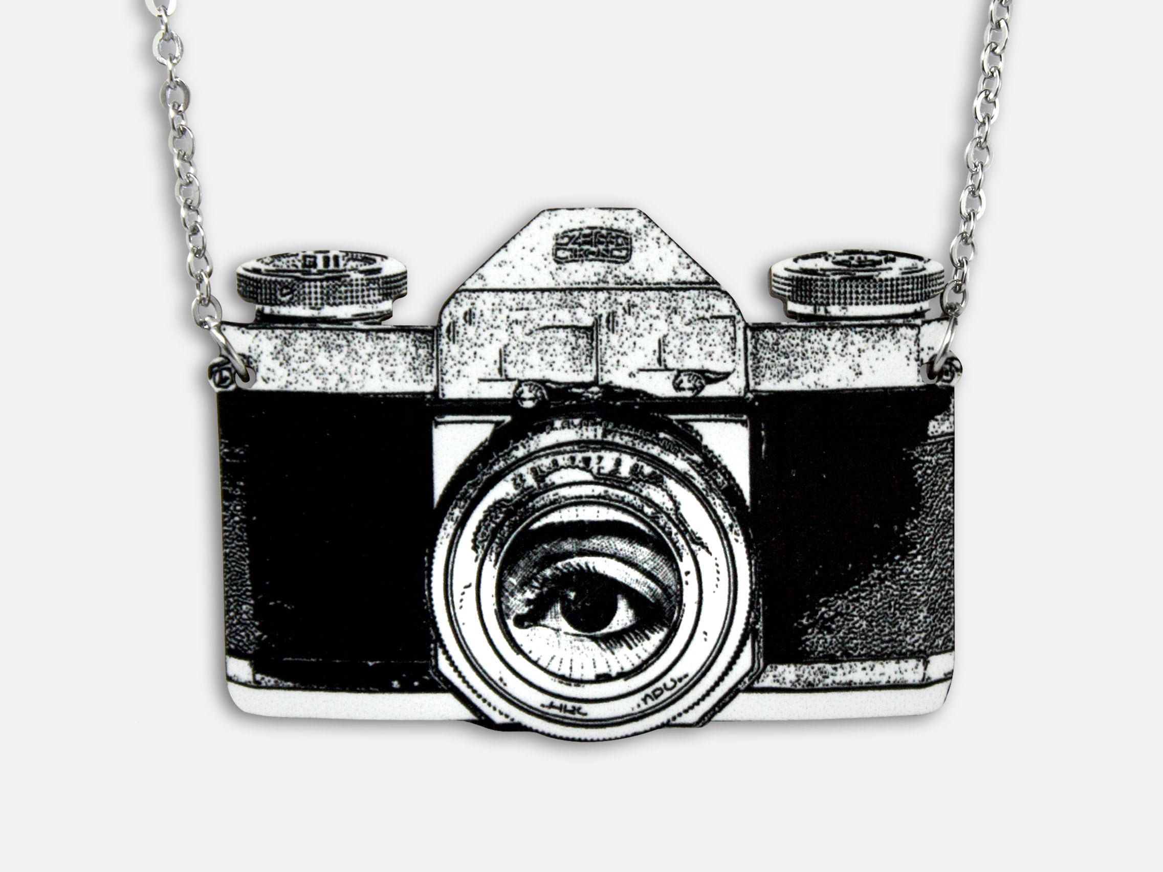 Statement whimsical wooden necklace "I SEE IT ALL" old vintage camera eye photograph foto eye surreal collage funny gift