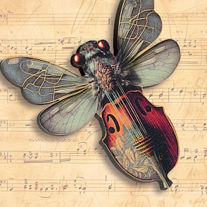 May include: A vintage-style illustration of a dragonfly with a violin body, set against a background of sheet music. The dragonfly has intricate details and a vibrant color scheme, with a blue and green body and red eyes. The violin body is a rich red with gold accents and floral patterns.