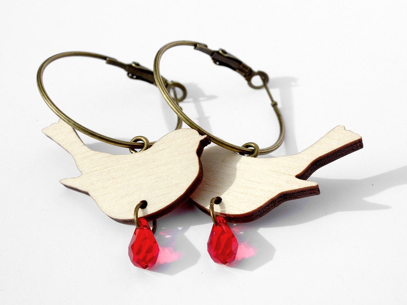 Wooden hoop earrings creole RED EAR SYNDROM hoops lasercut gift vintage jewelry lasercut wood birds woodland redbrest robin bird gift Pure Birch