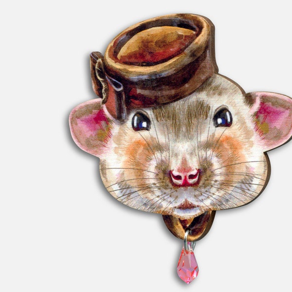 RAT DU MONDE +++ grande broche broche rat avec chapeau souris bijoux Art Nouveau insolite vintage bois découpé au laser