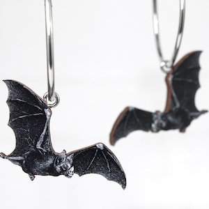 Whimsical wooden hoop earrings creole  "BAT BAT THINGS" hoops lasercut gift vampire dracula gothic jewelry wood