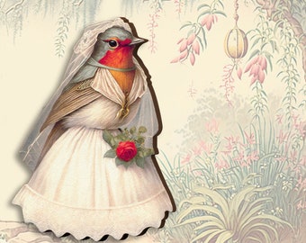 RED WEDDING ++ wooden brooch pin vintage style redbrest robin bird white wedding dress gift bridal jewelry bride groom bridesmaid