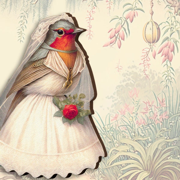 RED WEDDING ++ wooden brooch pin vintage style redbrest robin bird white wedding dress gift bridal jewelry bride groom bridesmaid