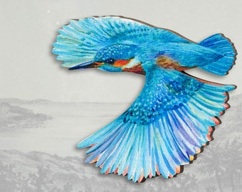 Wooden brooch pin "ICE ICE BIRDY" vintage kingfisher king fisher gift bird animal jewelry wood birthday mothers day best friend christmas
