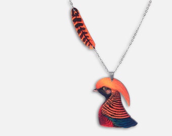 Statement whimsical wooden necklace "0 CARAT GOLD PHEASANT"