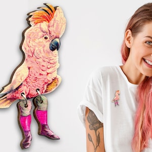 Wooden brooch pin vintage "WALK on the WILD SIDE" cockatoo in boots parrot tropical bird jewelry lasercut wood birds hipster animals