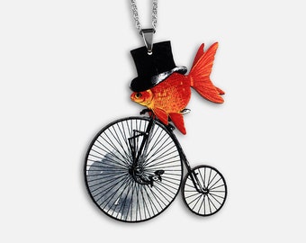 Statement whimsical wooden necklace "FISH & BIKE" art goldfish vintage gift nostalgic bicycle ocean sea fish funny jewelry