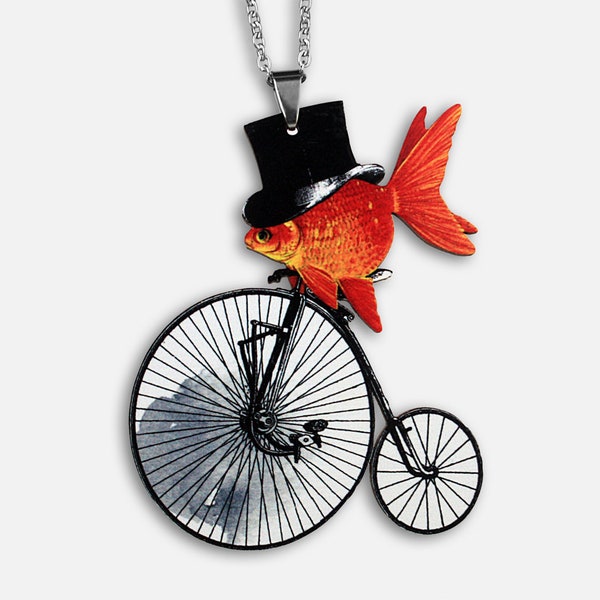 FISCH & FAHRRAD ++ Kette Schmuck vintage Holz Goldfisch Zylinder Anhänger Hochrad Nostalgie lustig Statement steampunk