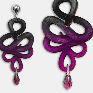 Whimsical wooden earrings studs "WEARING PURPLE" jewelry snake serpent reptile lasercut wood knot gothic punk gift