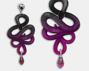 Whimsical wooden earrings studs "WEARING PURPLE" jewelry snake serpent reptile lasercut wood knot gothic punk gift