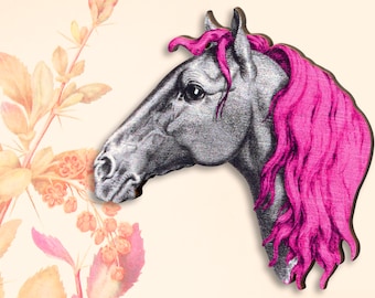 Whimsical wooden brooch pin "UNTAMED" vintage pony horse fan head pink mane gift birthday day best friend