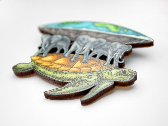 AKUPARA +++ ジュエリー木製ブローチピン世界亀ヒンズー教亀フラット