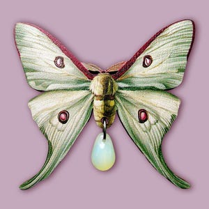 Peut inclure: Une broche en forme de papillon de nuit avec des ailes vert pâle aux bords rouge foncé et de petites marques circulaires. Le corps central est beige et brun, et une perle blanche en forme de goutte pend sous le corps de l'insecte.