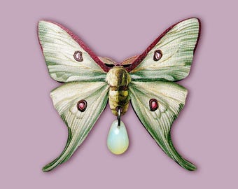 Small Luna Moth wooden brooch with opal yellow Czech glass drop pin