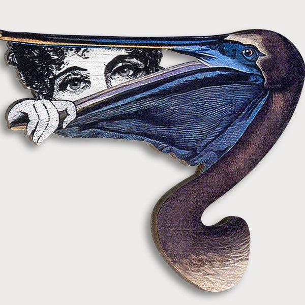 Wooden brooch pin "PEEKABOO" vintage collage victorian contemporary art nouveau steampunk pelican gift jewelry birthday