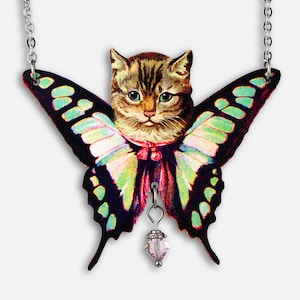 Statement whimsical wooden necklace "KITTYFLY" cat kitten butterfly moth jewelry pendant mythical fabulours creature collage vintage