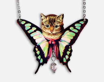 Statement whimsical wooden necklace "KITTYFLY" cat kitten butterfly moth jewelry pendant mythical fabulours creature collage vintage